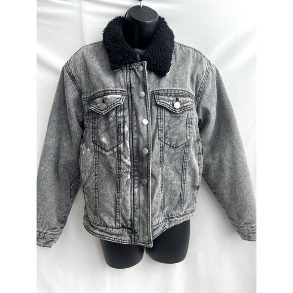 Forever 21 Faux Shearling Collar Denim Moto Jacket Size S Acid Wash Black Biker - Picture 1 of 12